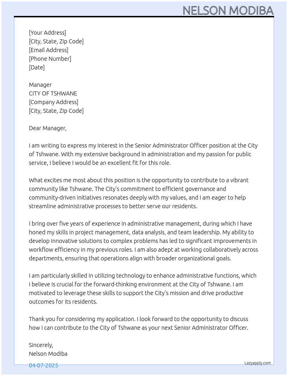 Senior Administrator Officer At CITY OF TSHWANE Cover Letter