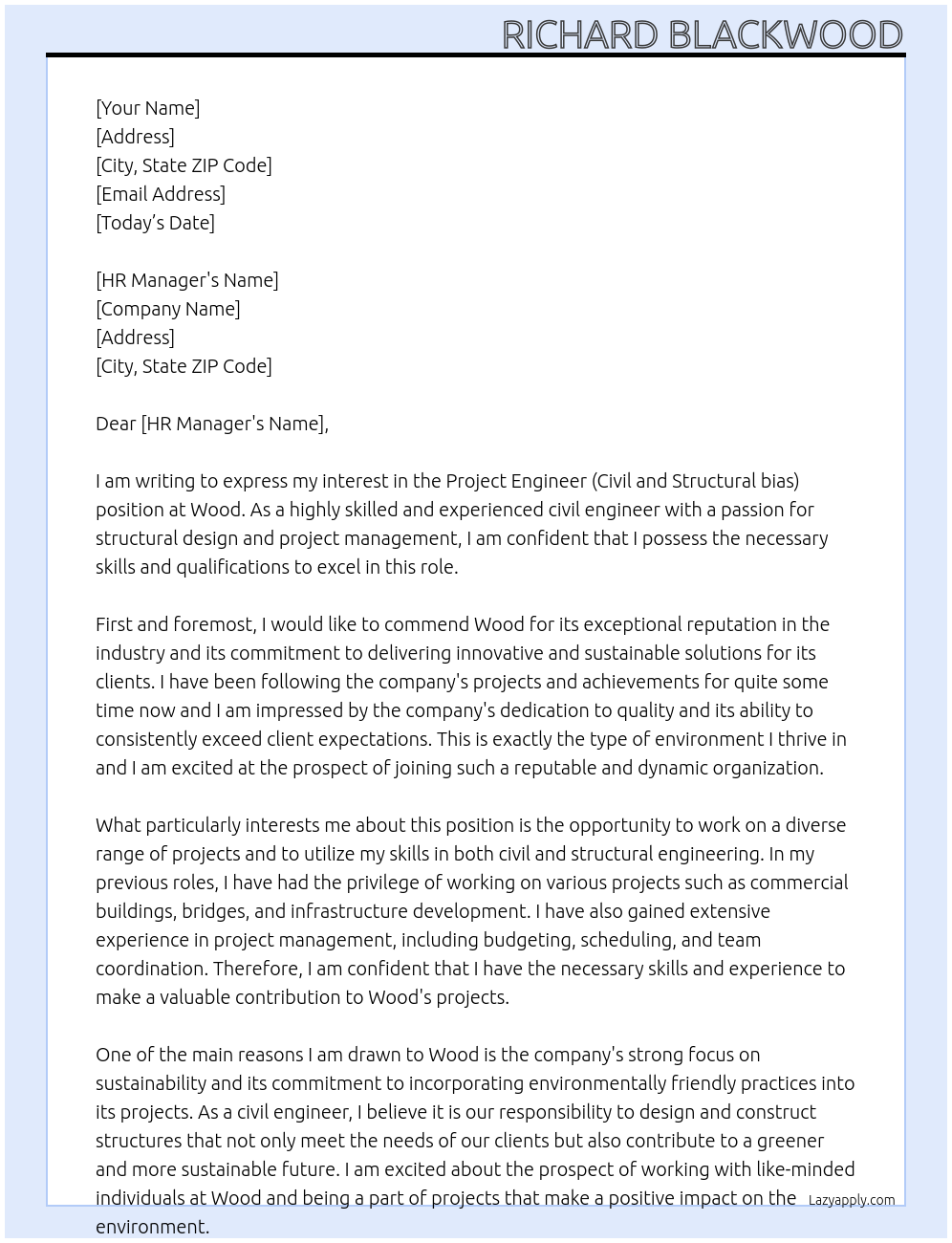 Project Engineer (Civil and Structural bias) At Wood Cover Letter