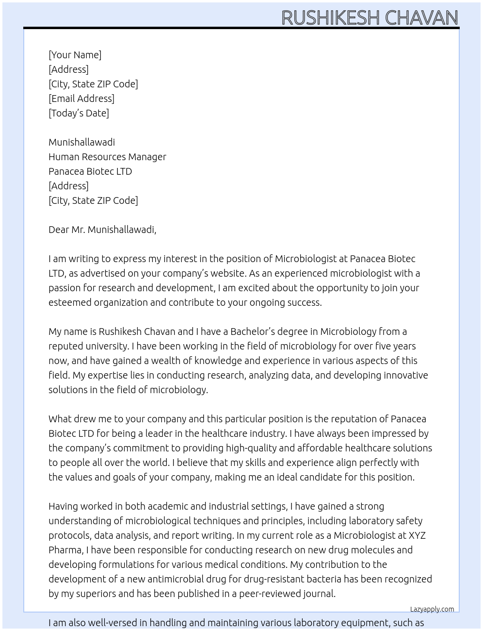 Microbiologists At Panacea Biotec LTD Cover Letter