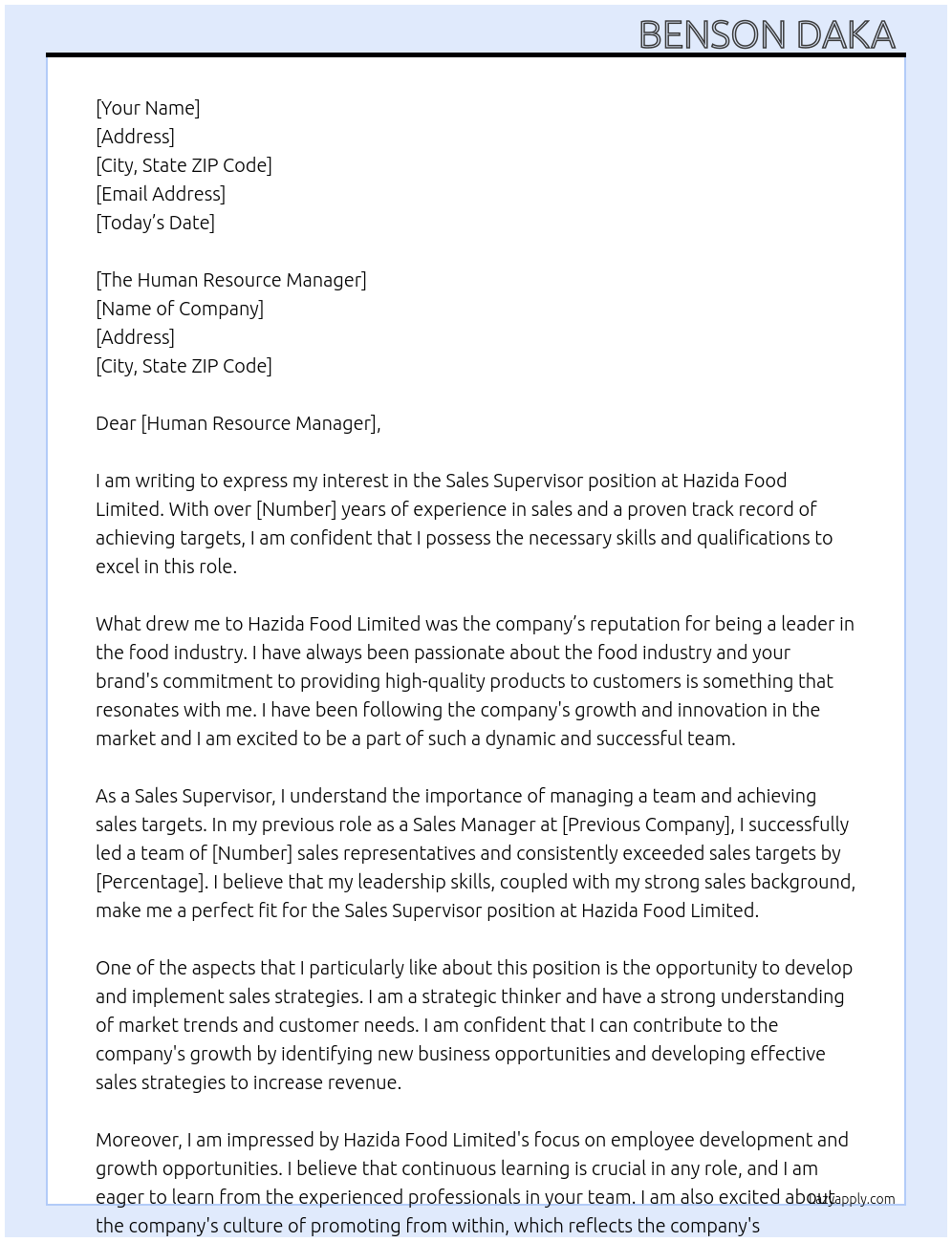 Sales supervisor  At Hazida food limited  Cover Letter