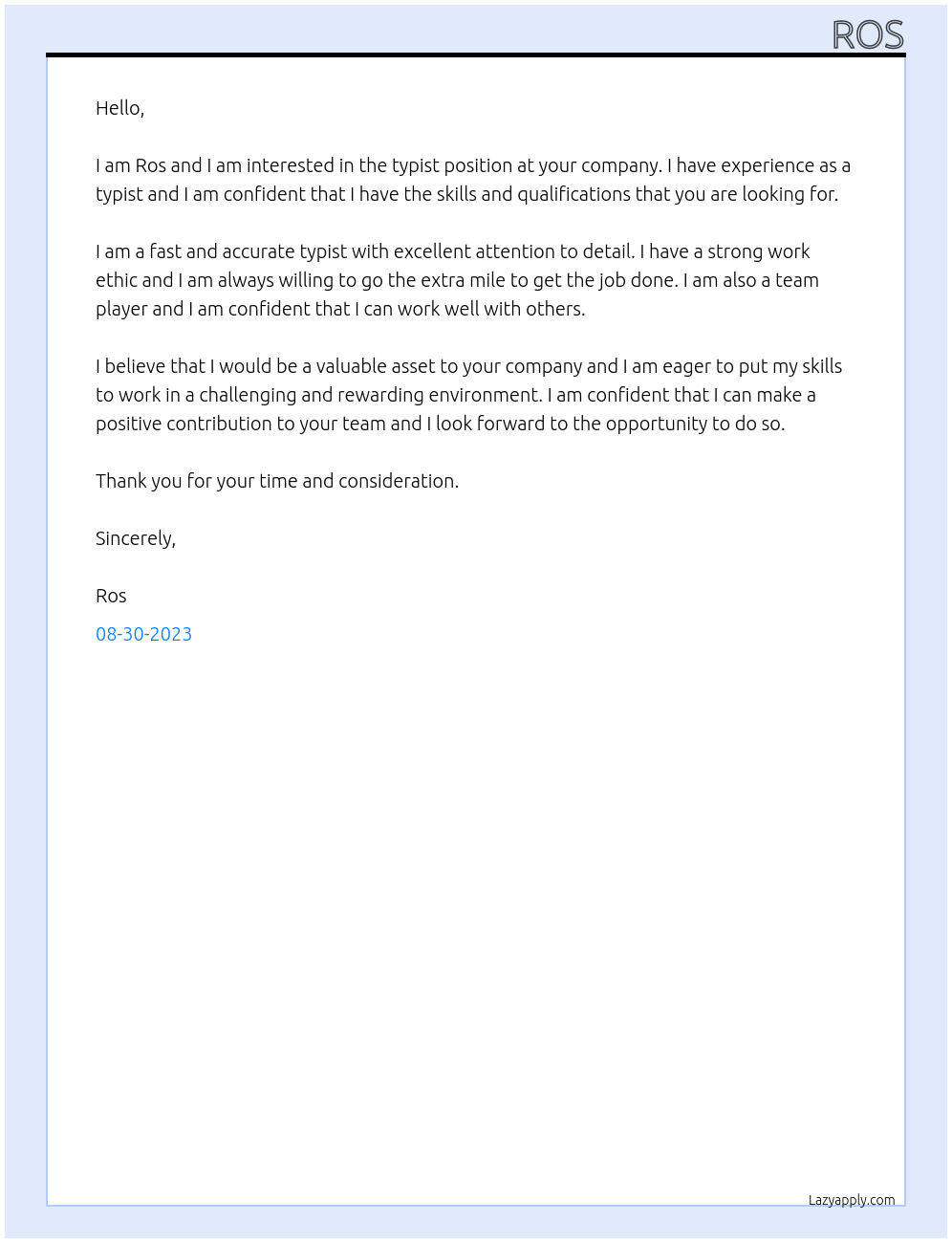 typist At n/a Cover Letter
