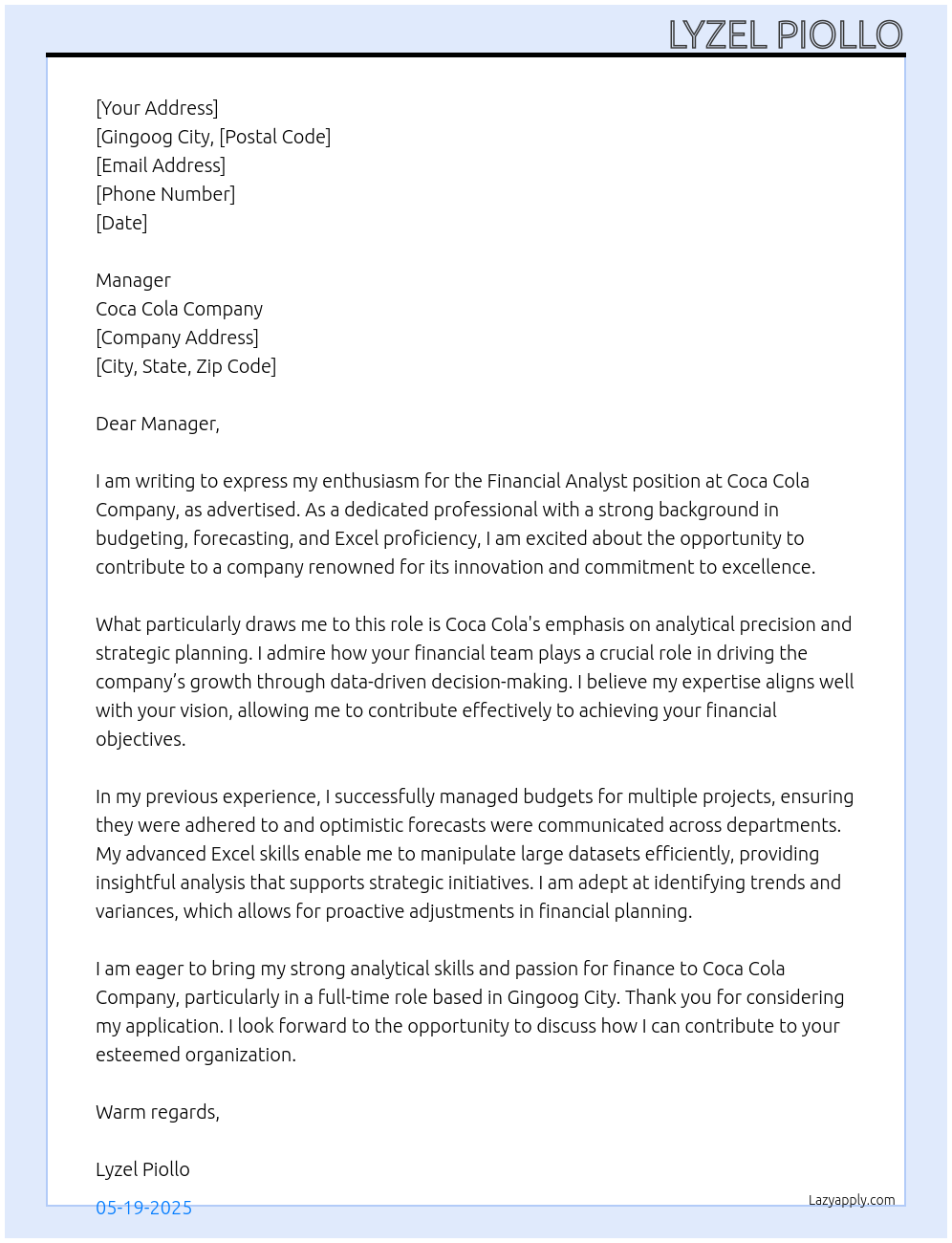 Financial Analyst At Coca Cola Company Cover Letter