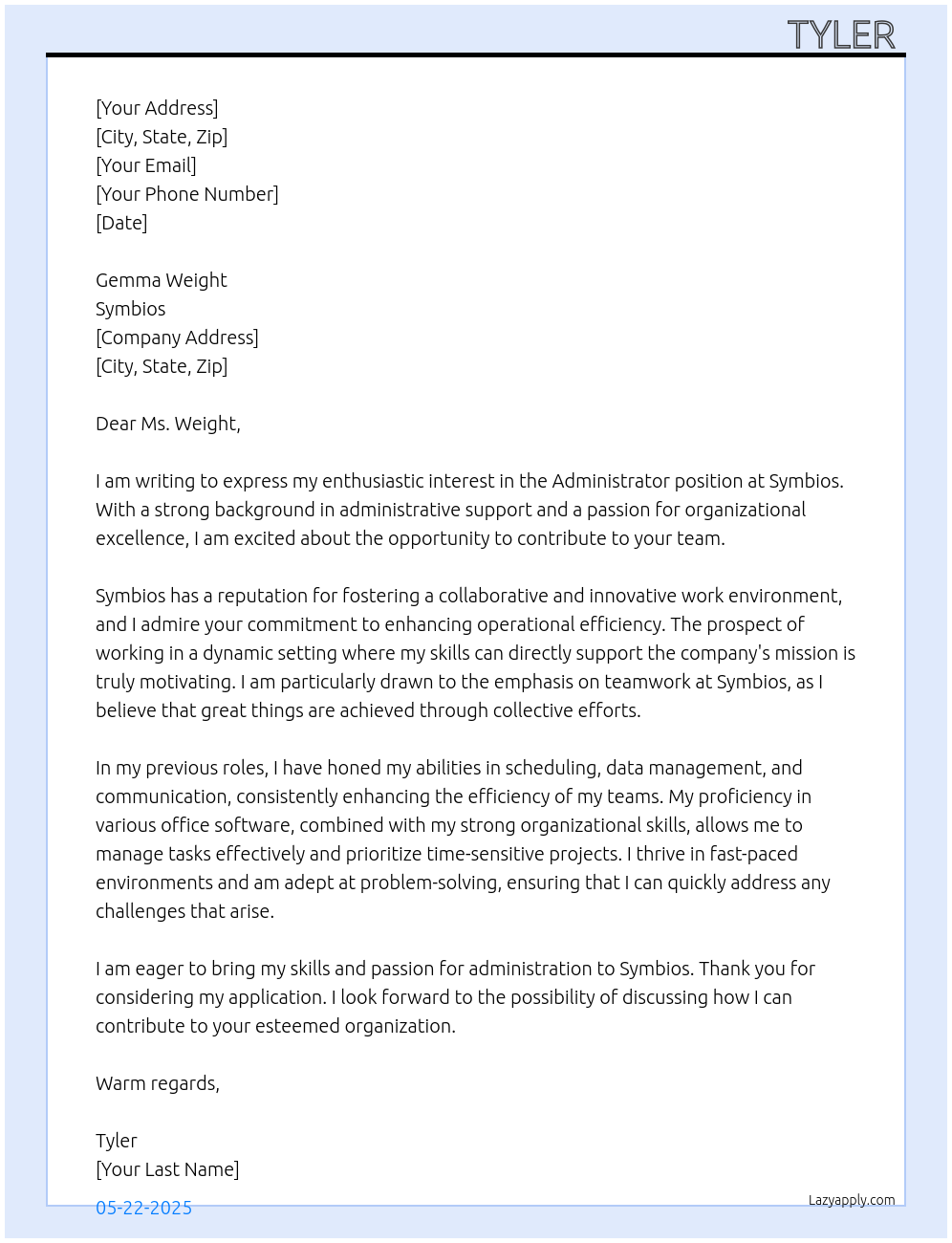 Administrator At Symbios Cover Letter