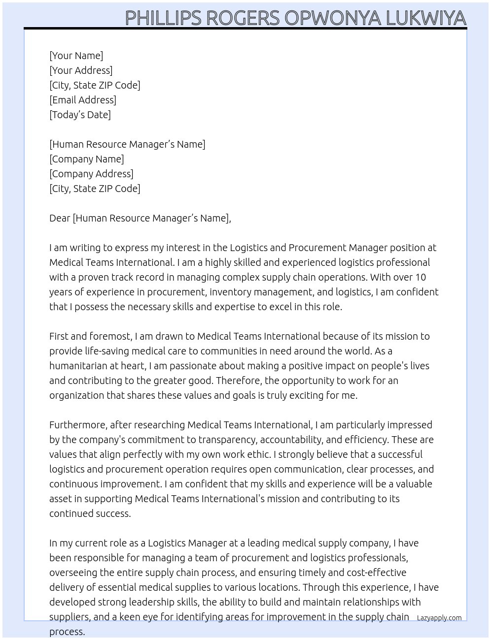 Logistics and Procurement Manager At Medical Teams International Cover Letter