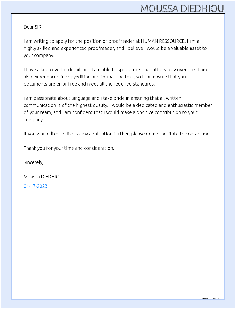 PROOF READER At HUMAN RESSOURCE Cover Letter