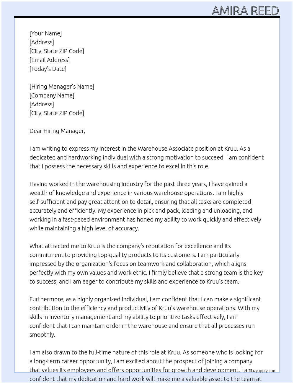 Warehouse Associate  At Kruu  Cover Letter