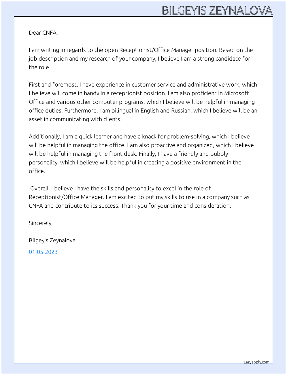 Receptionist/Office Manager At CNFA Cover Letter