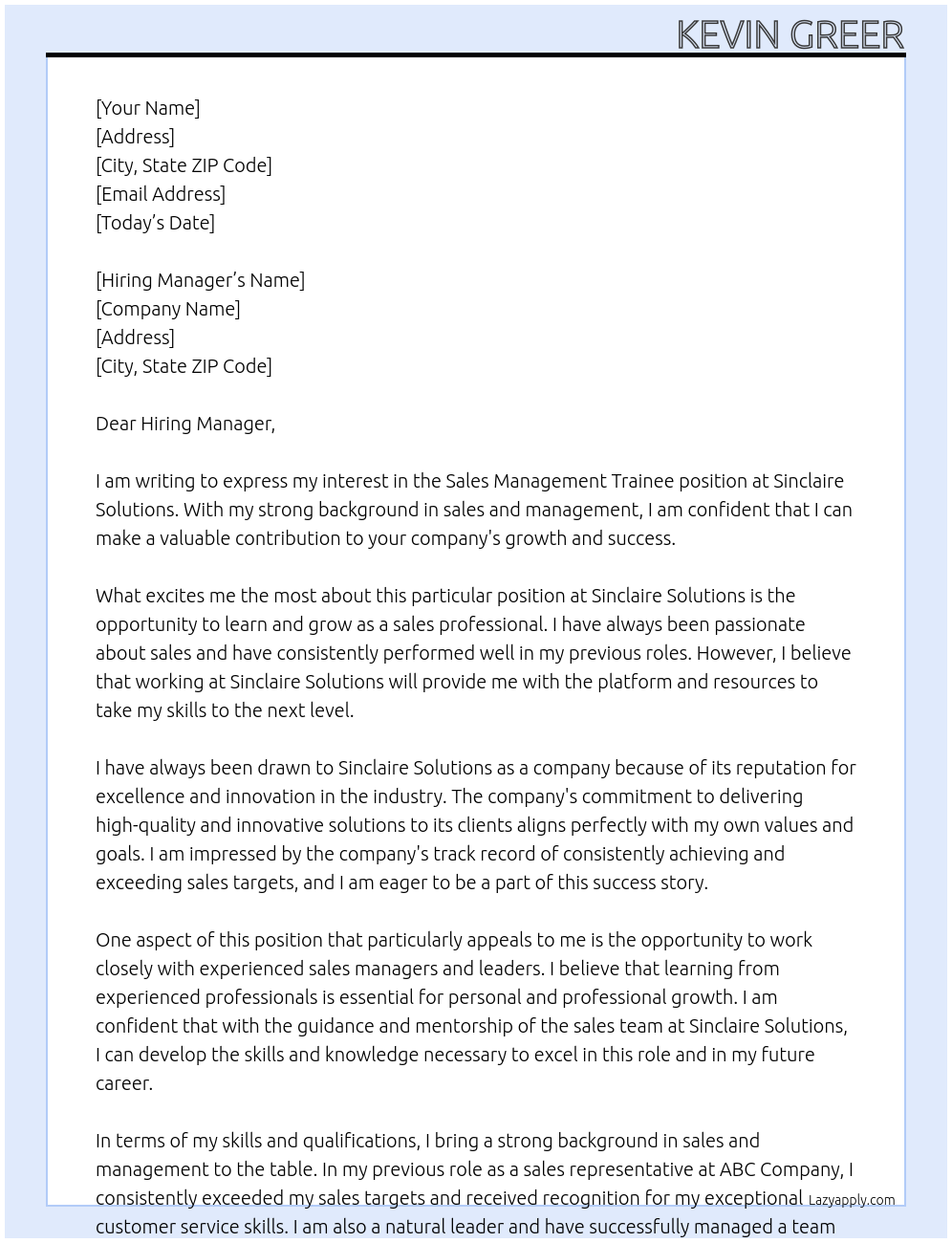 Sales Management Trainee At Sinclaire Solutions Cover Letter