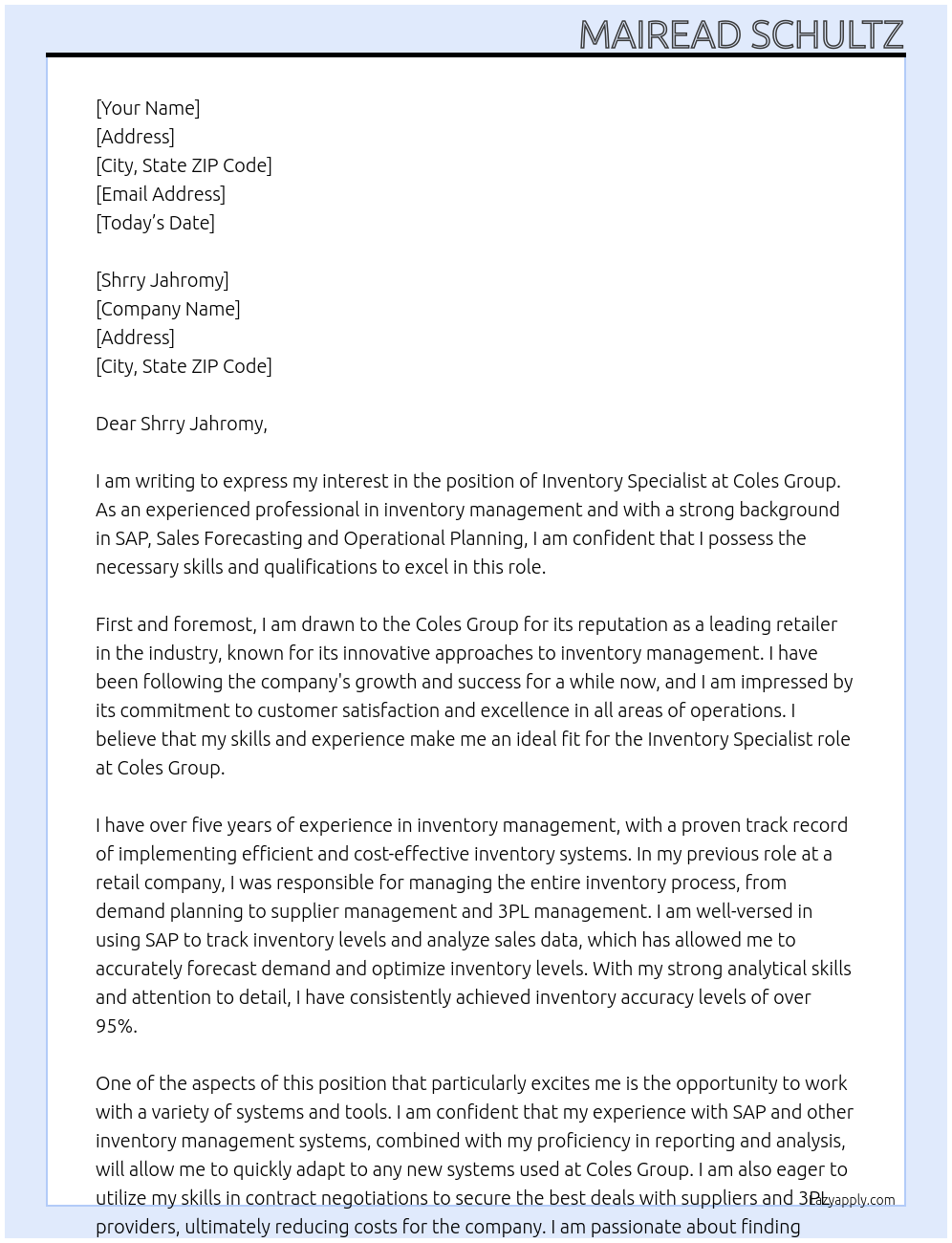 Inventory Specialist At Coles Group Cover Letter