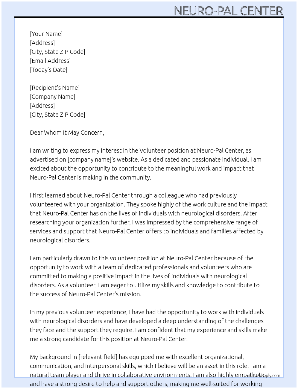 Volunteer at Neuro-Pal Center At aa Cover Letter