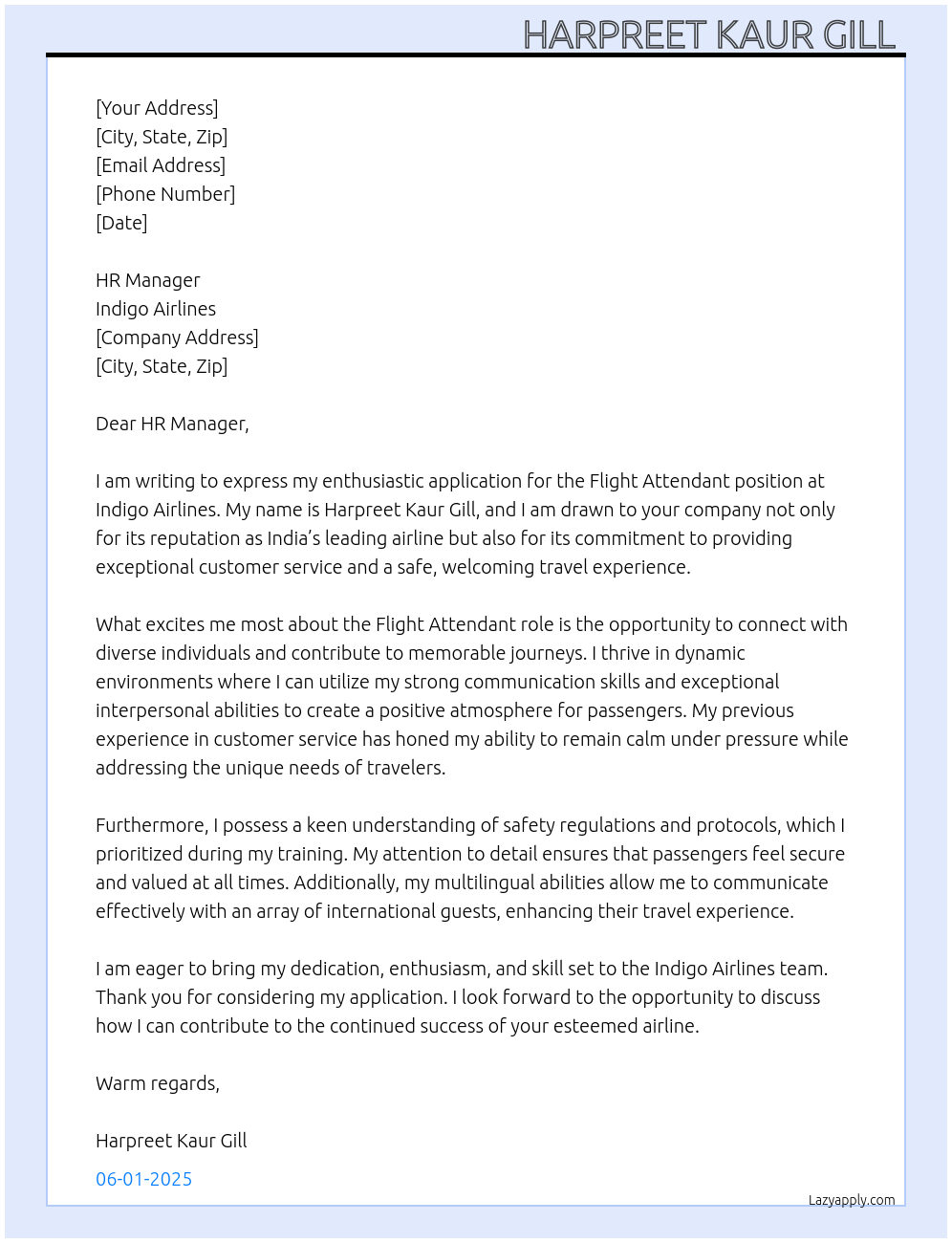 Flight attendant At Indigo Airlines Cover Letter
