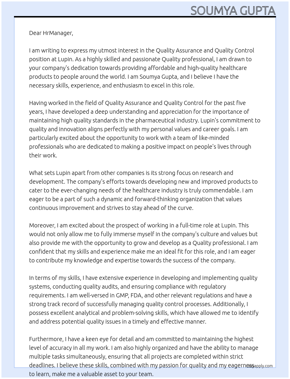 Quality asurance and Quality control At Lupin Cover Letter