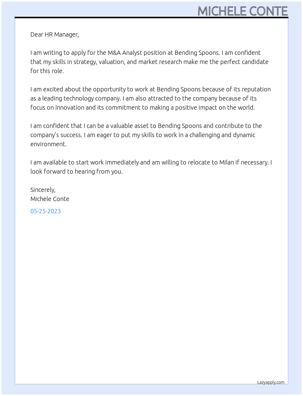 M&A Analyst At Bending Spoons Cover Letter