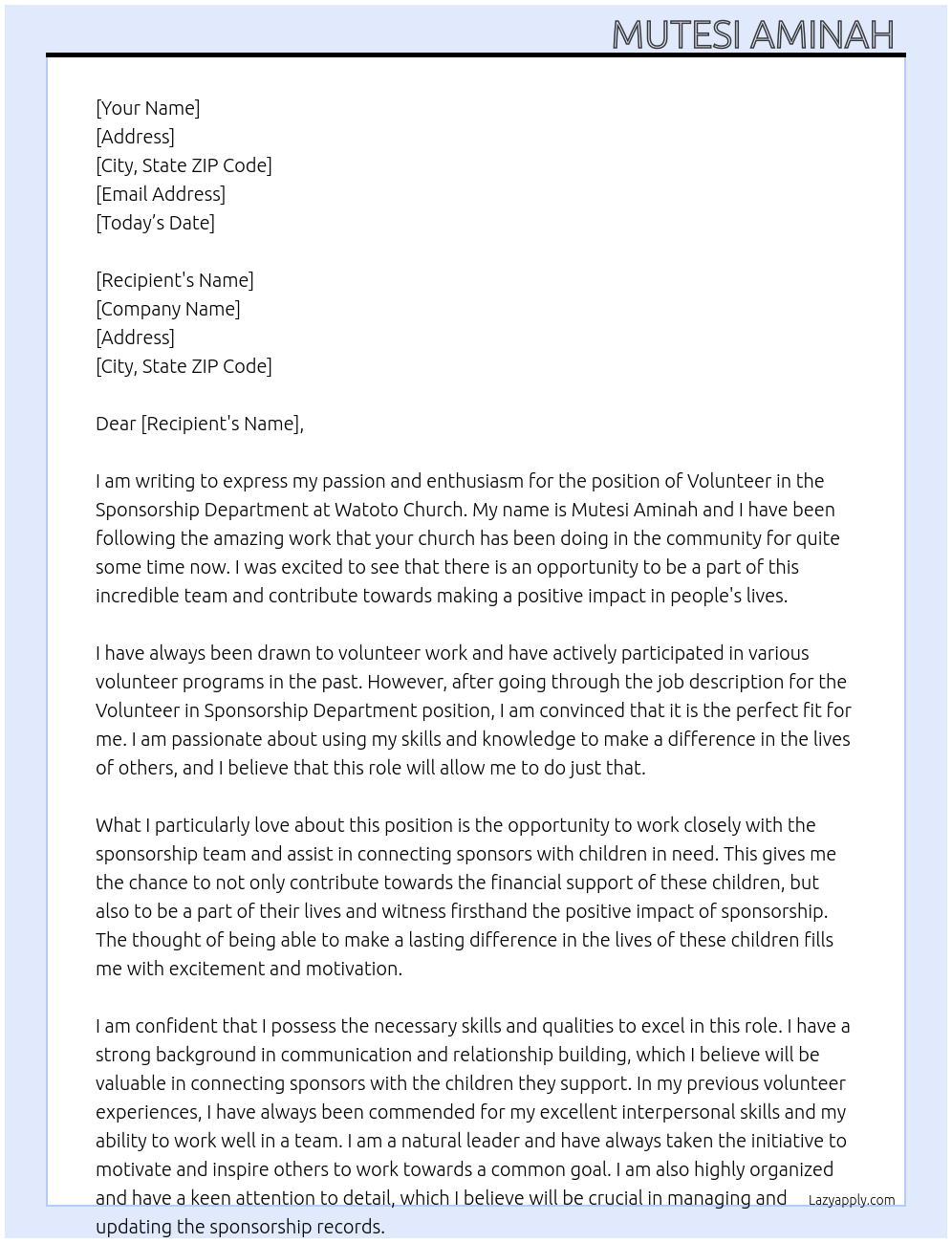 Volunteer in sponsorship department  At Watoto Church  Cover Letter