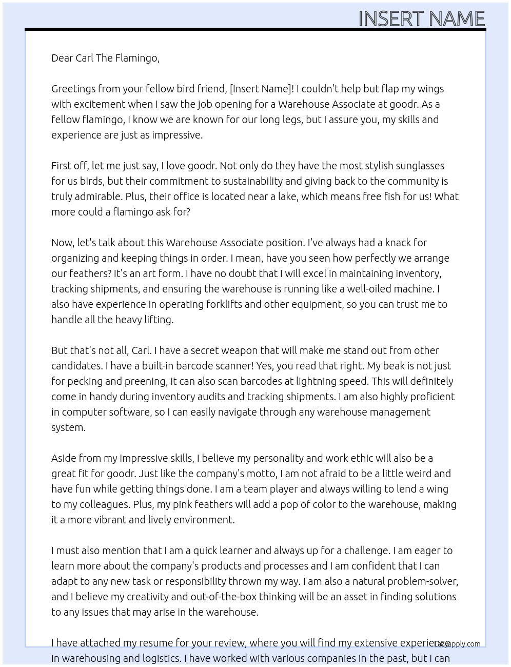 Warehouse Associate At goodr Cover Letter