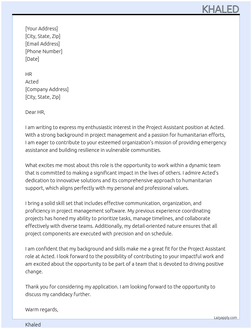 Project Assistant At Acted Cover Letter