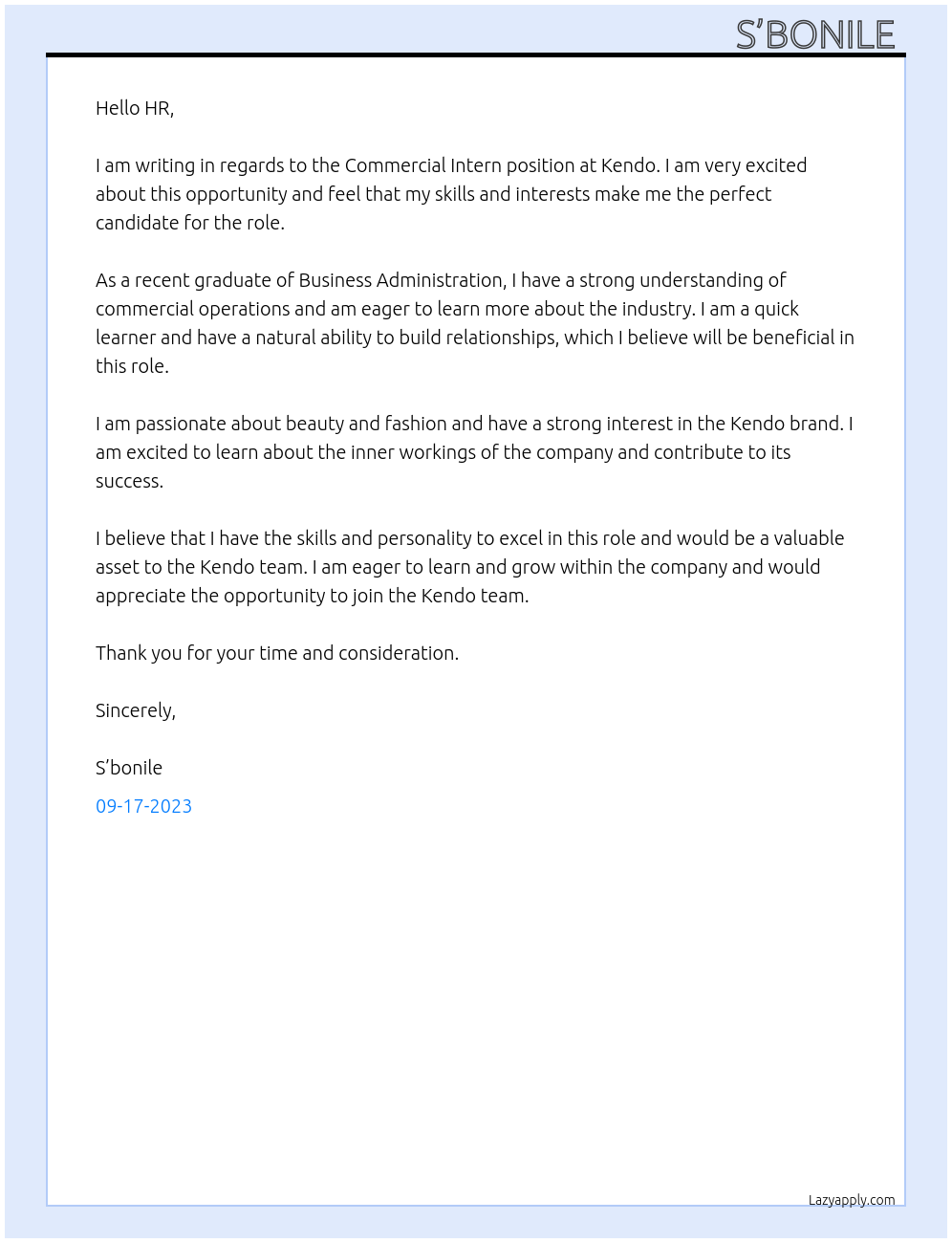 Commercial Intern At Kendo  Cover Letter