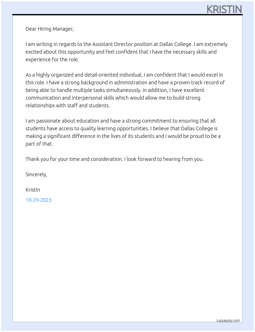Assistant Director At Dallas Collge Cover Letter