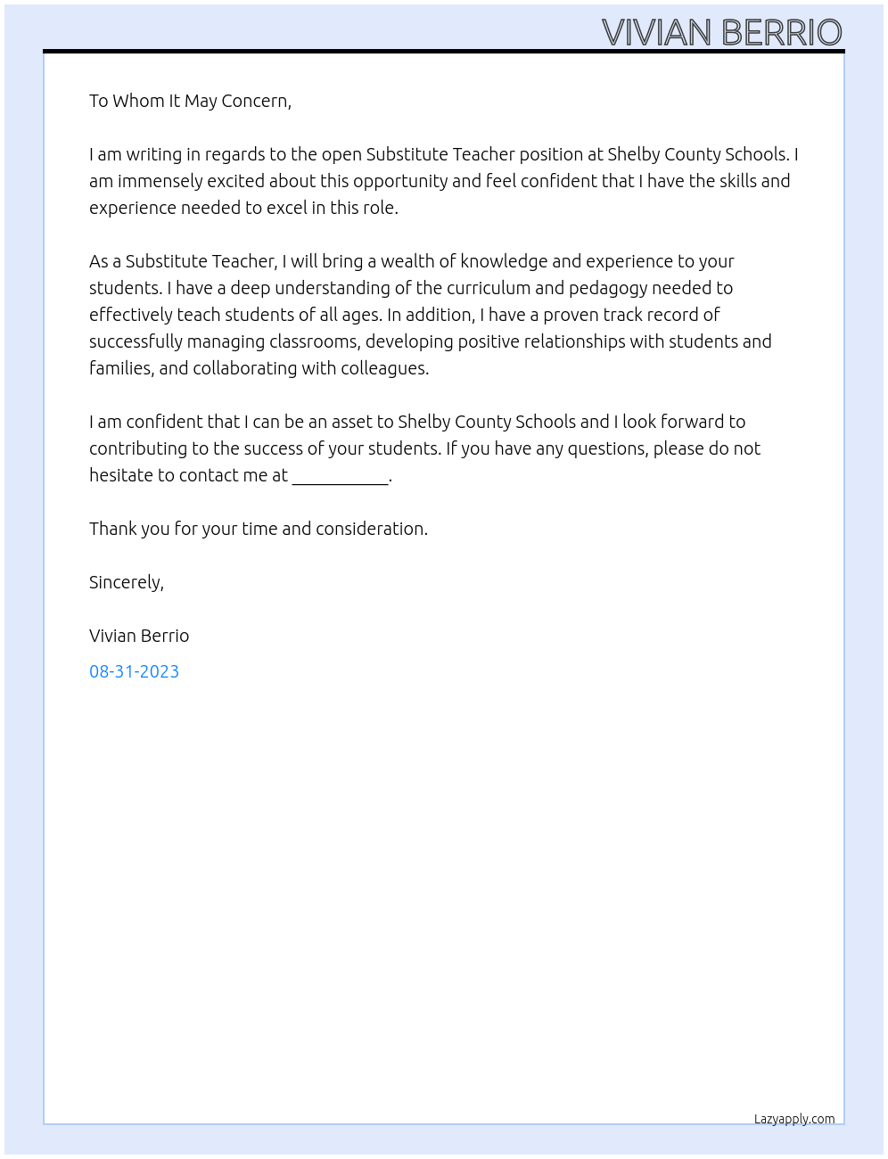 Substitute Teacher At Shelby County Schools Cover Letter