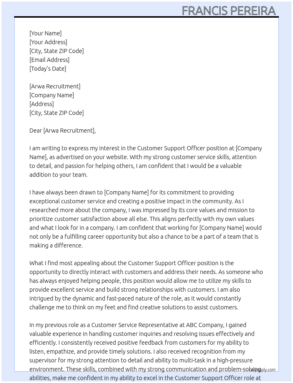 Customer support officer At ... Cover Letter