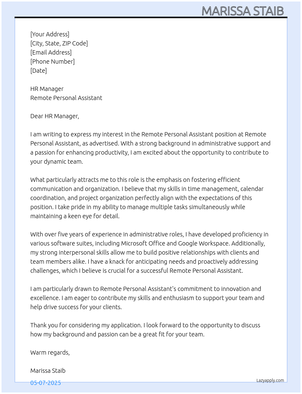 Cover letter for remote personal assistant - LazyApply