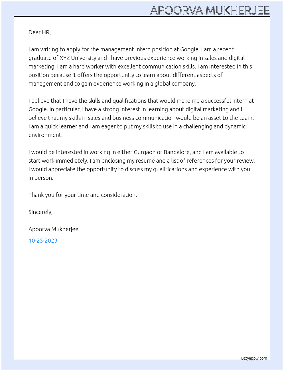 management intern At google Cover Letter