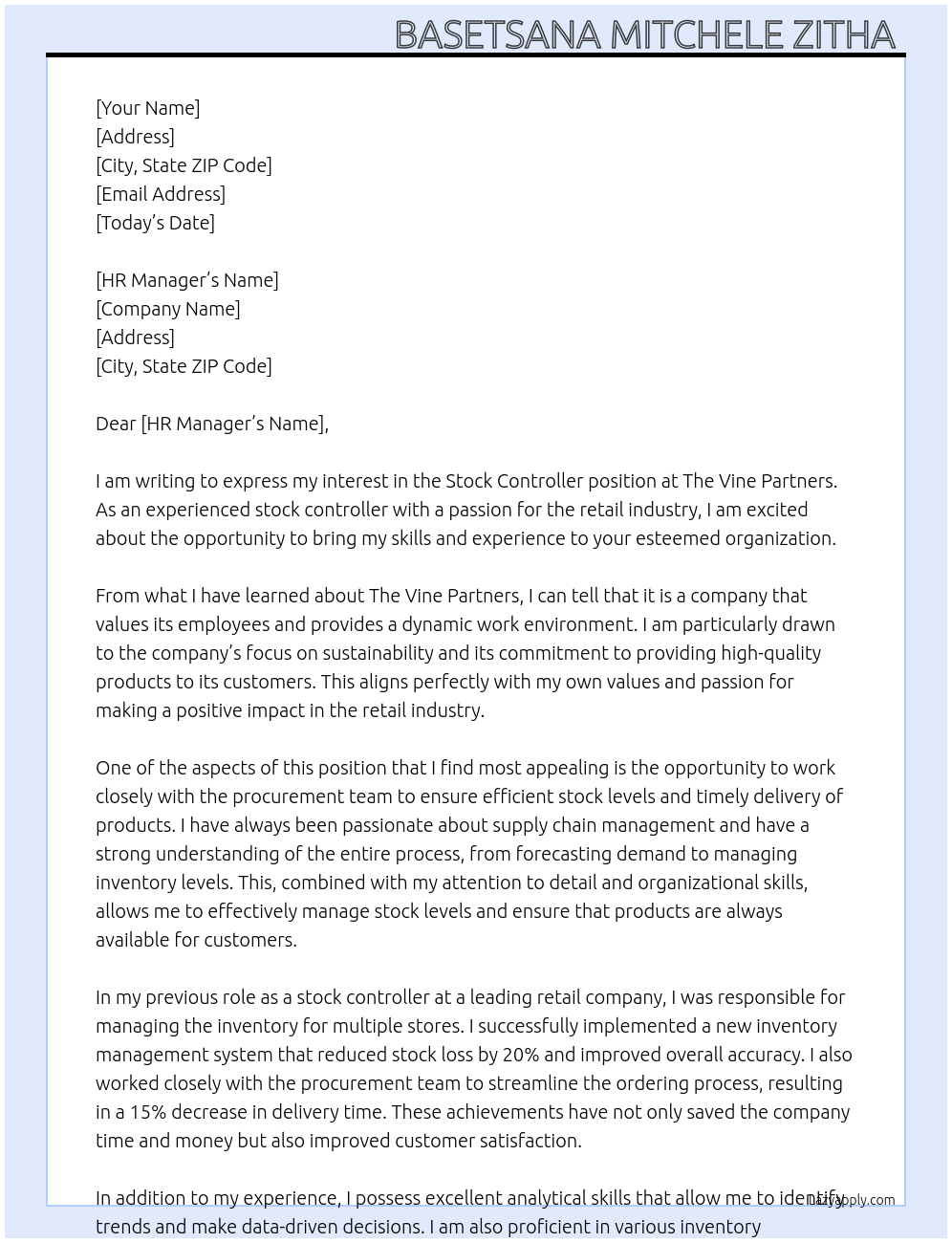 Stock Controller At The vine partners Cover Letter