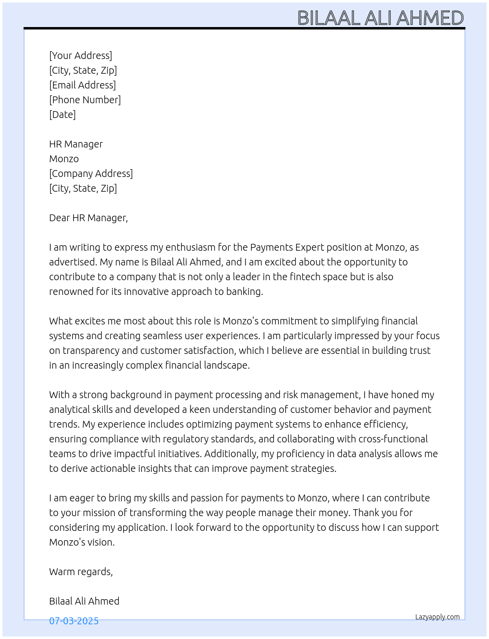 Payments expert At Monzo Cover Letter