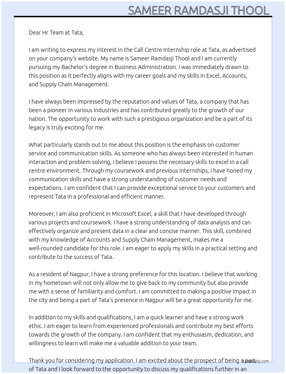 Call centre At Tata Cover Letter