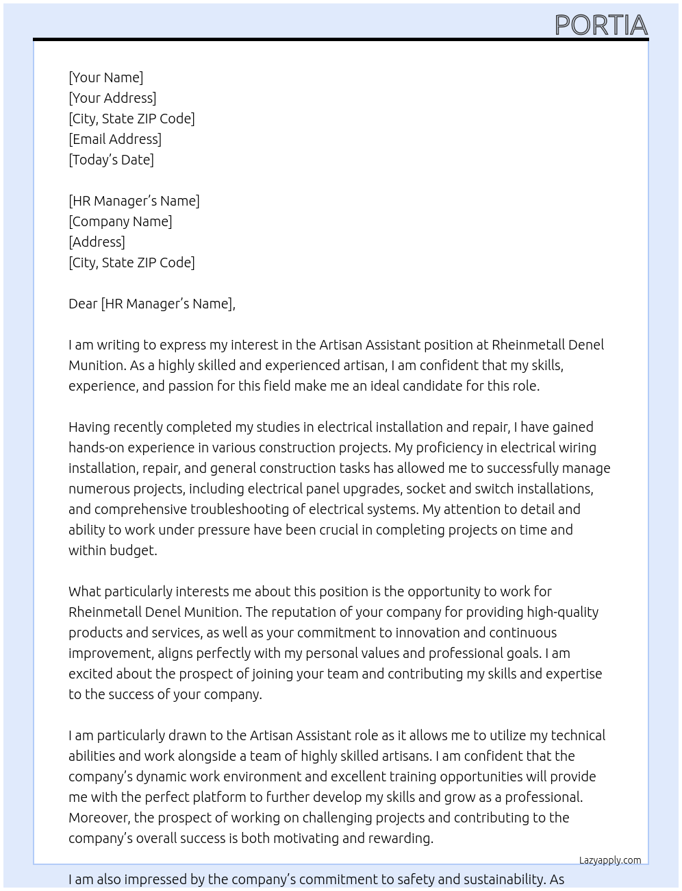 Artisan Assistant At Rheinmetall Denel Munition Cover Letter