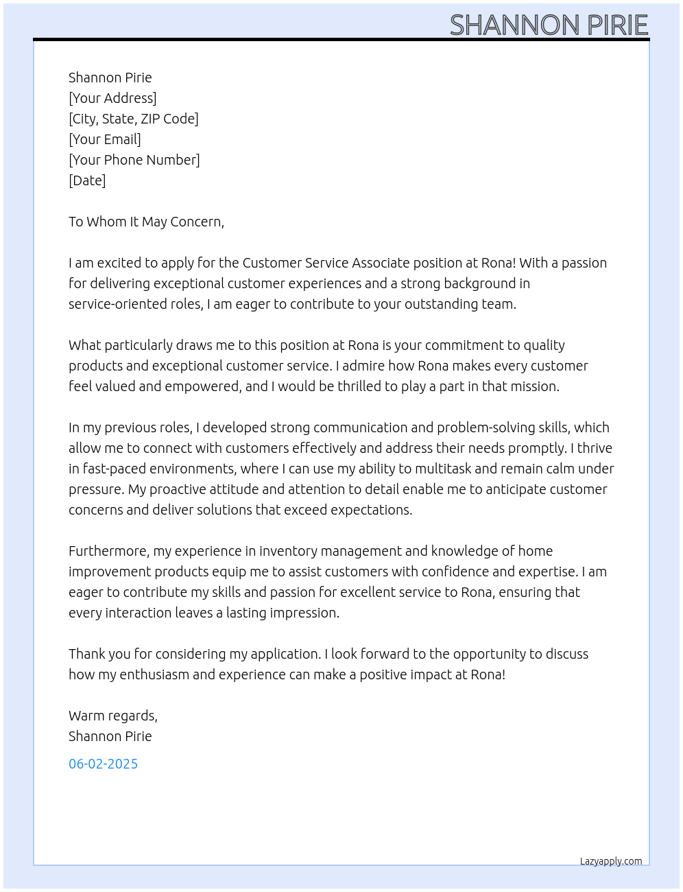 Customer Service Associate At Rona Cover Letter