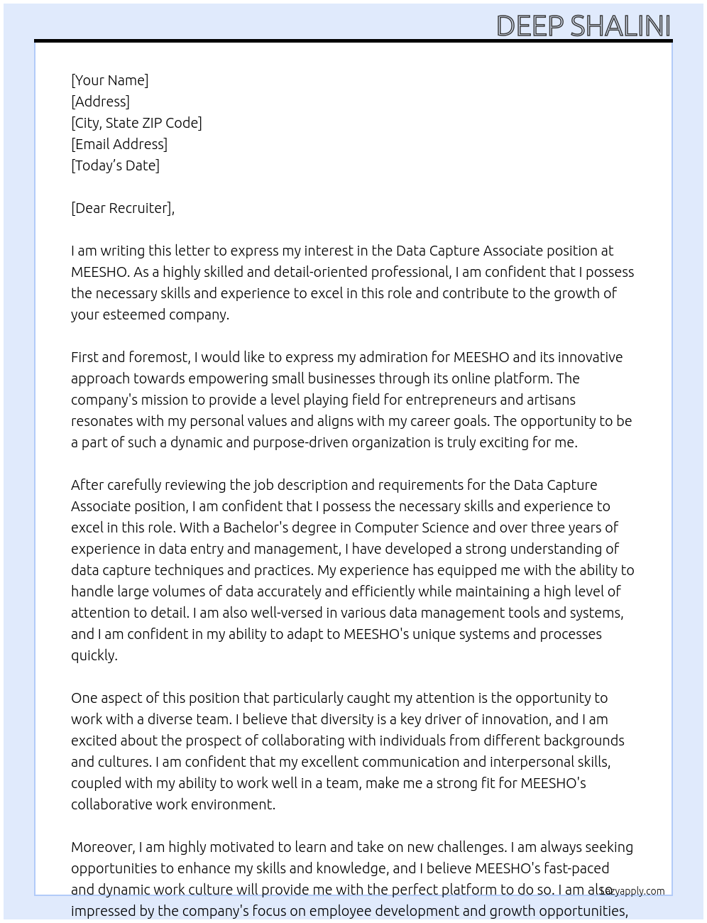 Data Capture Associate At MEESHO Cover Letter