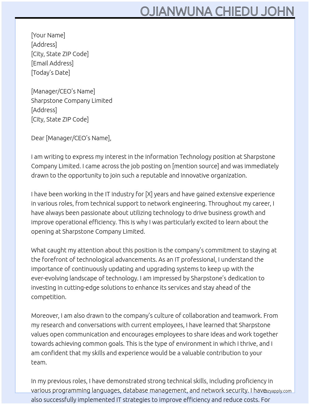 Information Technology At Sharpstone Company Limited Cover Letter