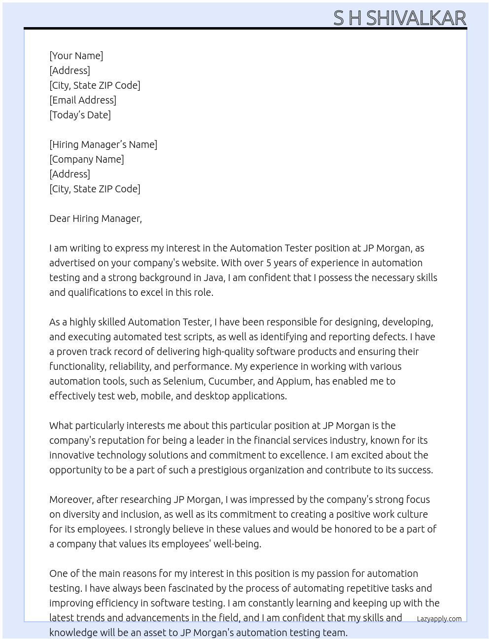 Automation Tester At jp morgan Cover Letter