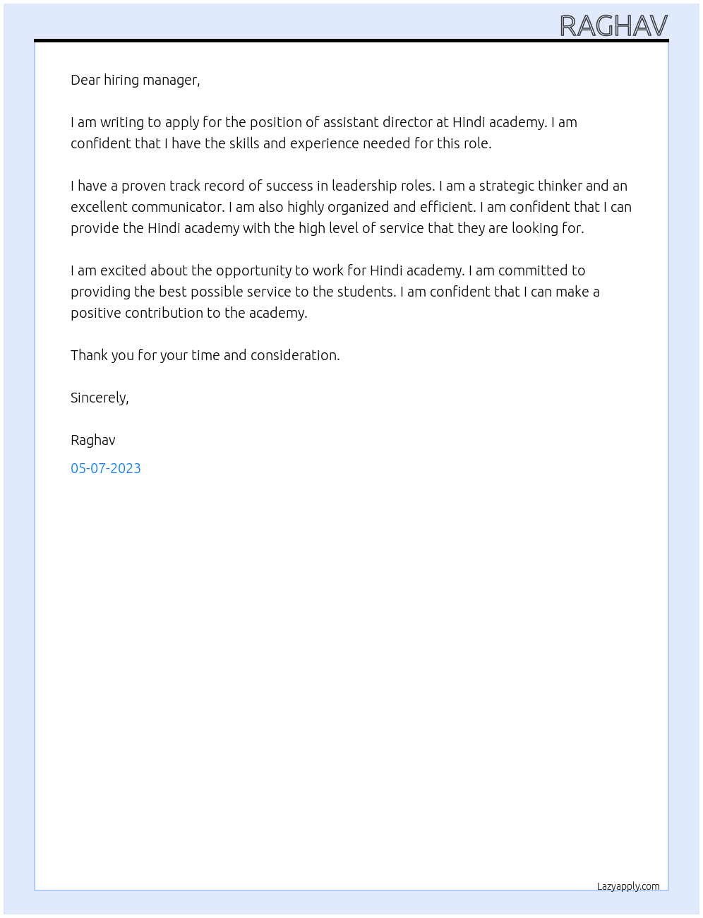 Assistant director At Hindi academy Cover Letter