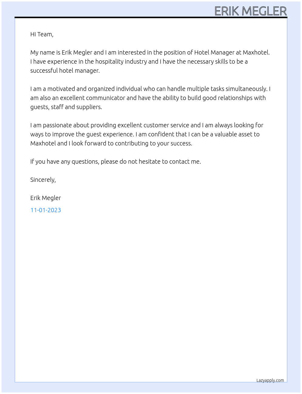 Hotel Manager At Maxhotel Cover Letter