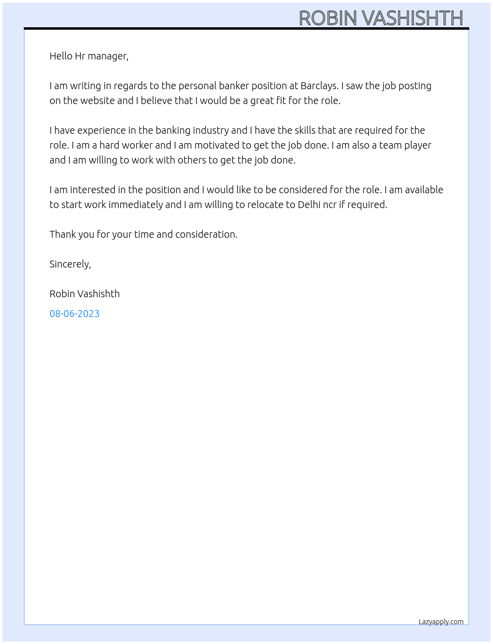 Personal banker At Barclays Cover Letter