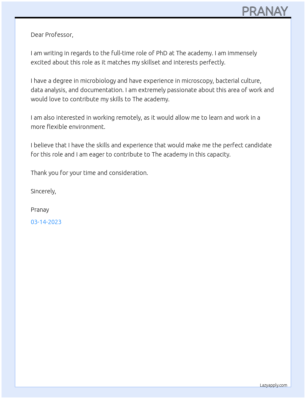 PhD At The academy Cover Letter