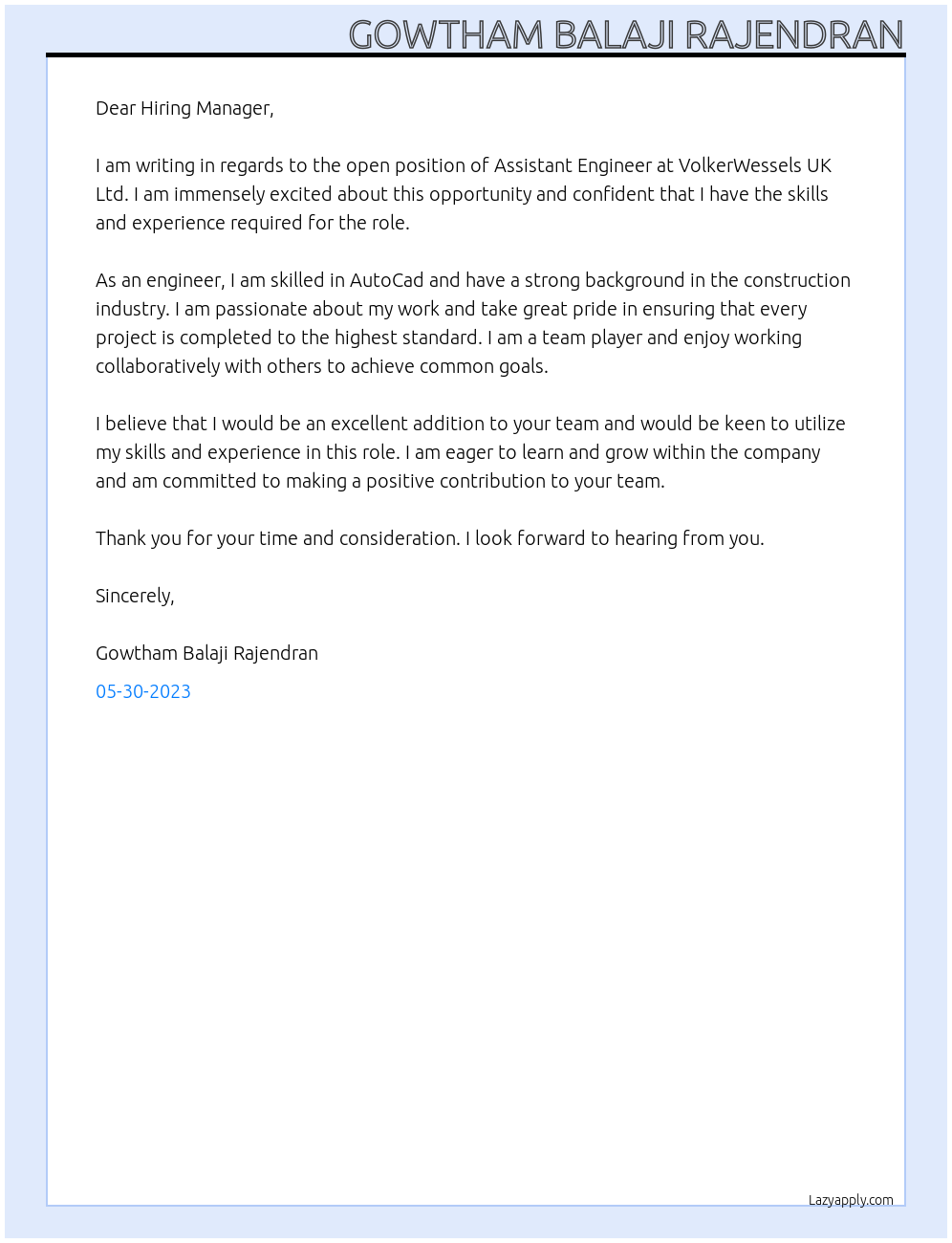 Assistant engineer At VolkerWessels UK Ltd Cover Letter
