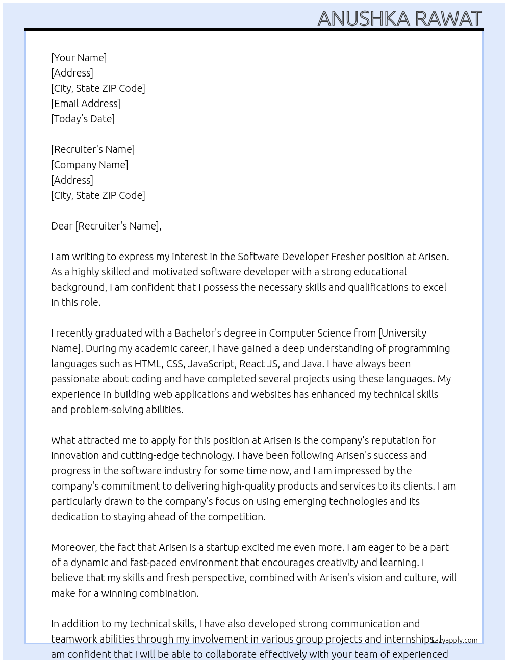 software developer fresher At arisen Cover Letter