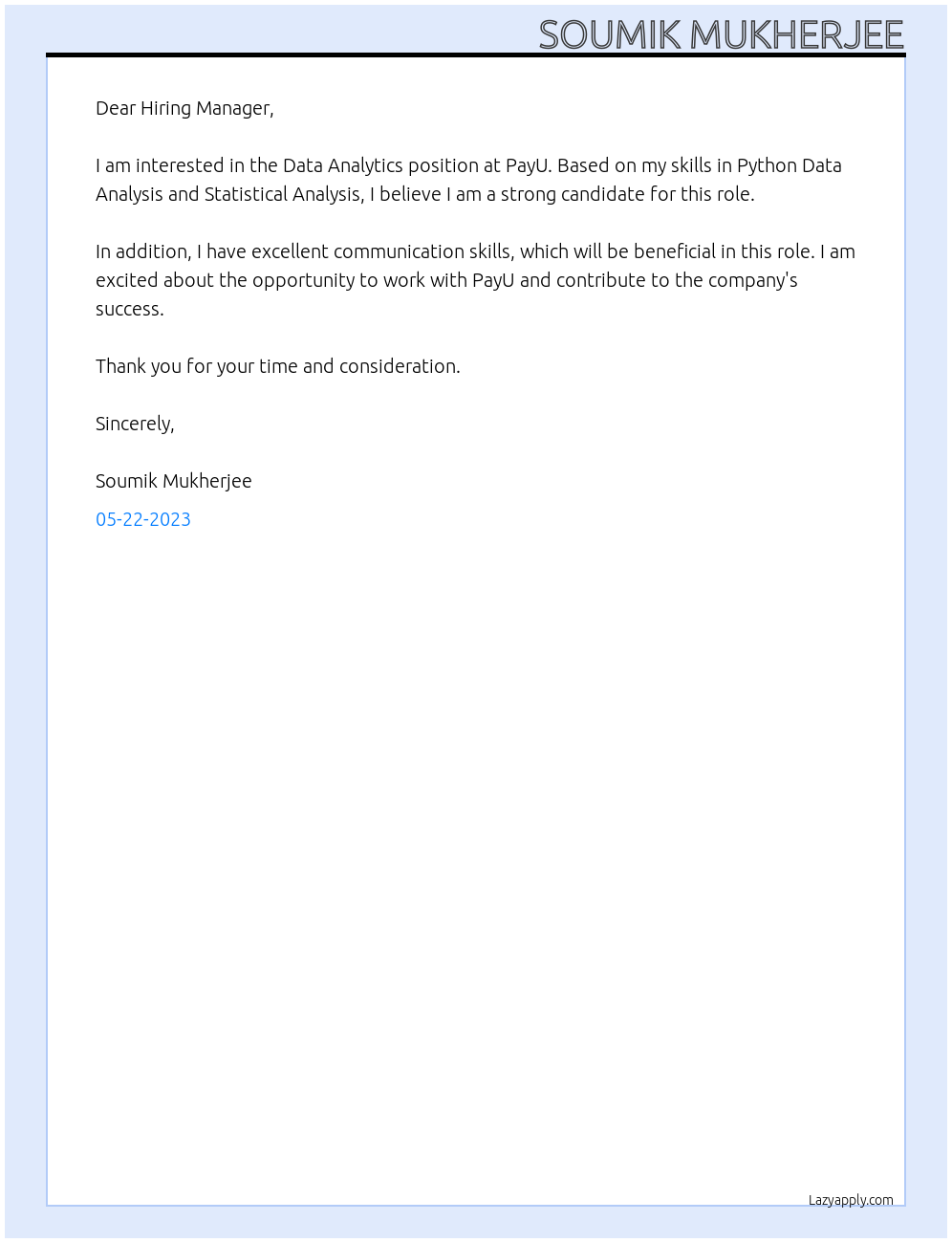 Data analytics At PayU Cover Letter