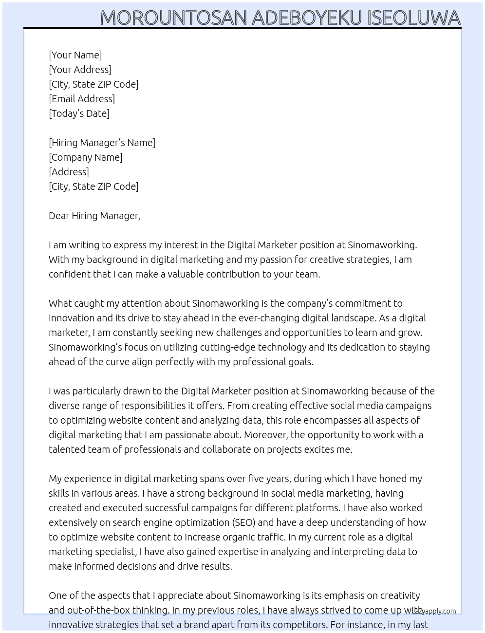 Digital Marketer At Sinomaworking Cover Letter