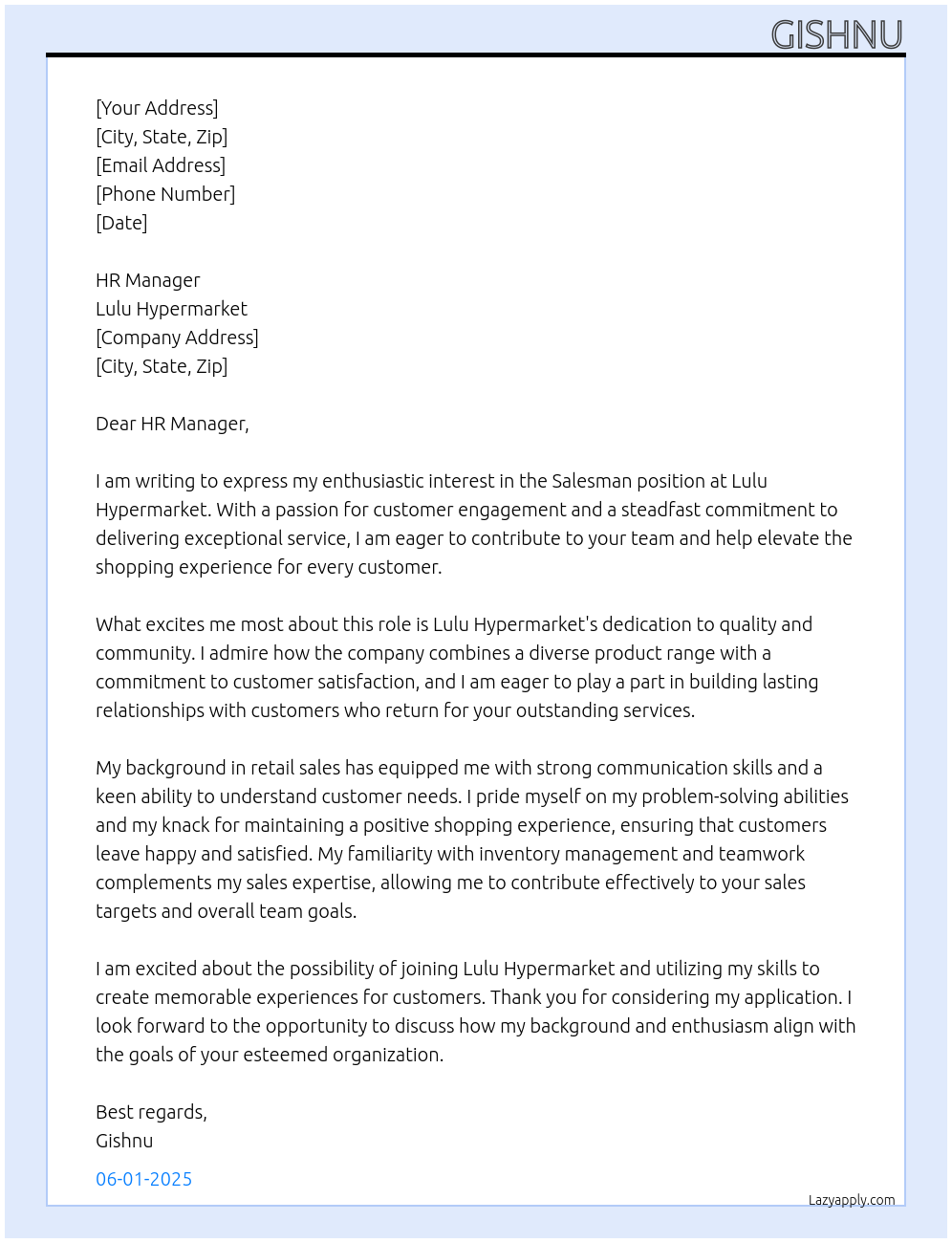 Salesman At lulu hyper market Cover Letter