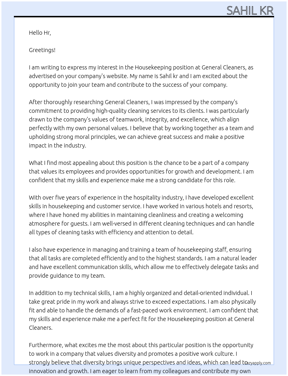 Housekeeping At General cleaners Cover Letter