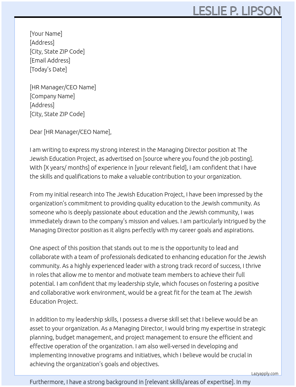 Managing Director At The Jewish Education Project Cover Letter