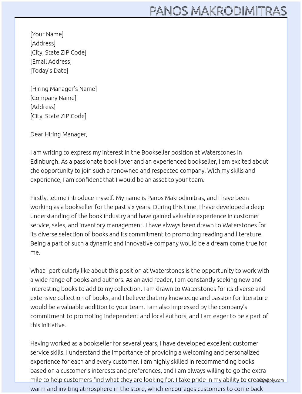 Bookseller At Waterstones Cover Letter