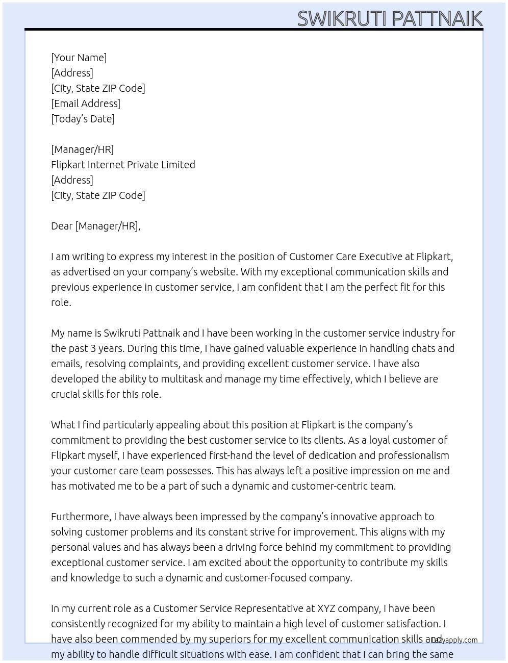 Customer Care Executive At Flipkart Cover Letter