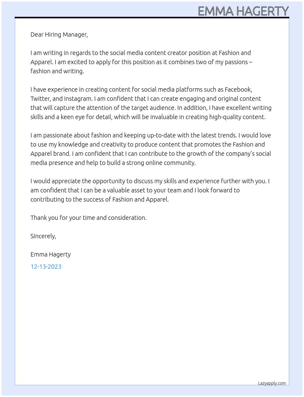 Social Media content creator At Fashion and Apparel Cover Letter