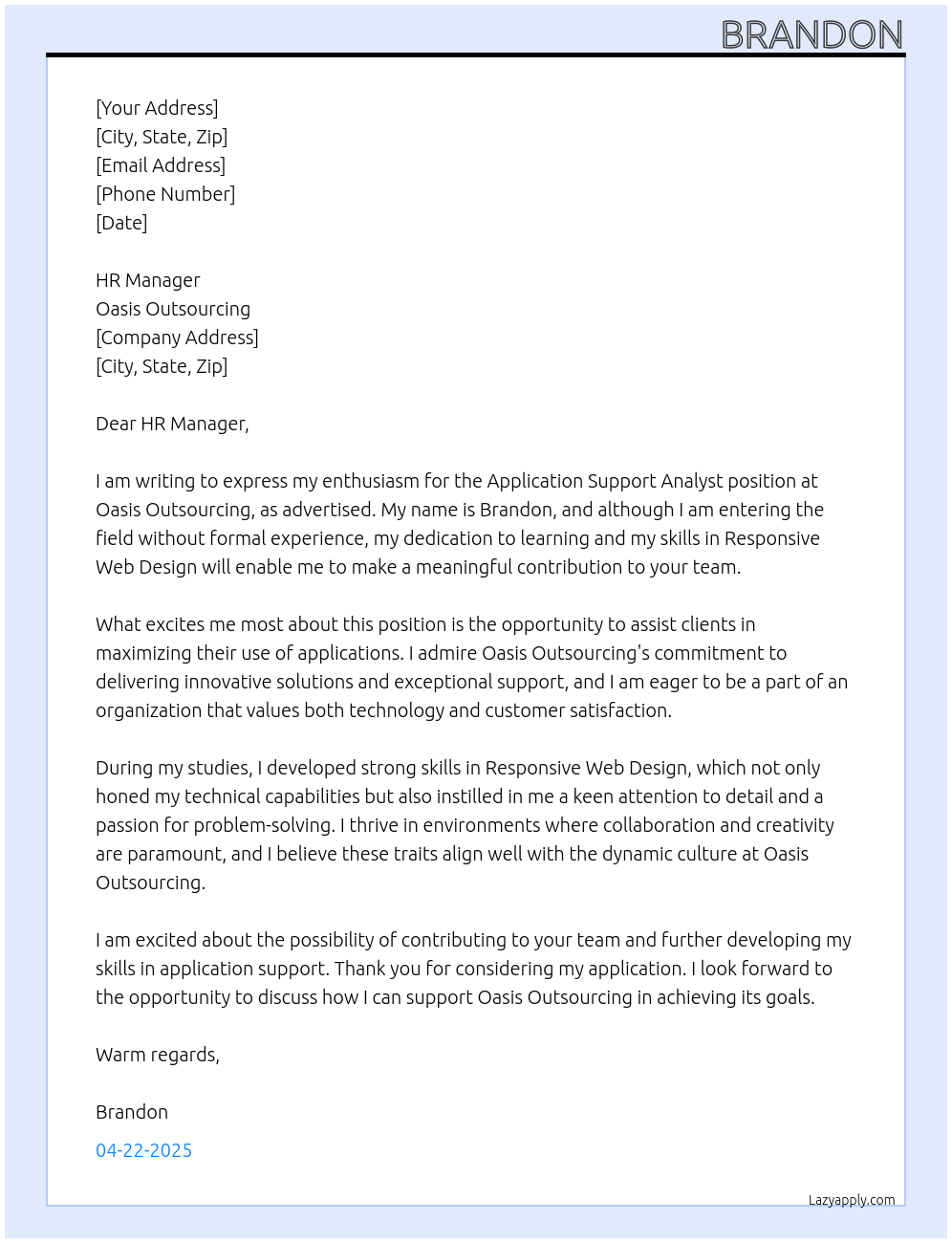 Application Support Analyst At Oasis Outsourcing Cover Letter