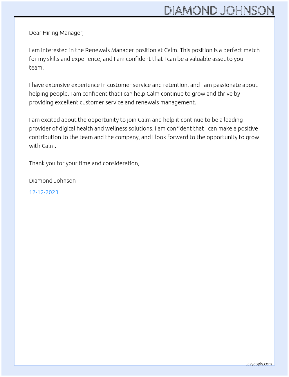 renewals manager At Calm Cover Letter